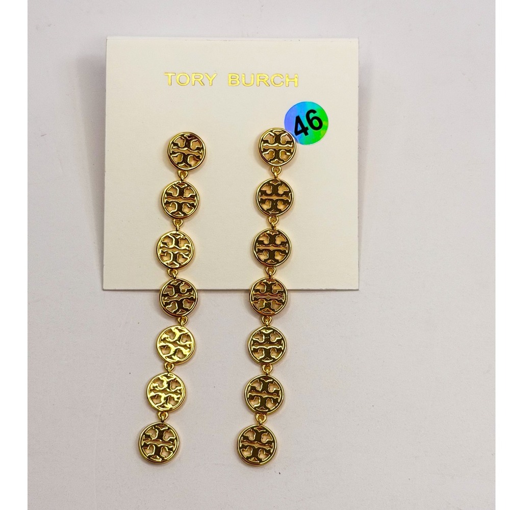 Tory Burch Miller Gold‎ Tone Long Linear Double T Logo Drop Earrings Medallions